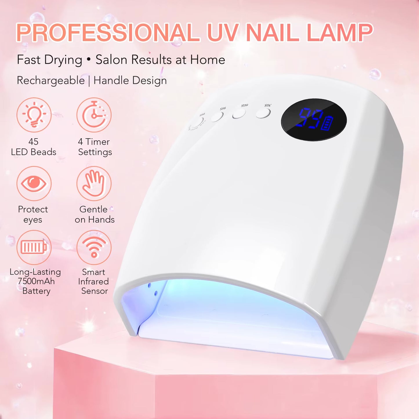 Lampe à ongles UV LED Sèche-ongles sans fil rechargeable avec 4 modes de minuterie Lampe de manucure professionnelle avec batterie 7500 mAh