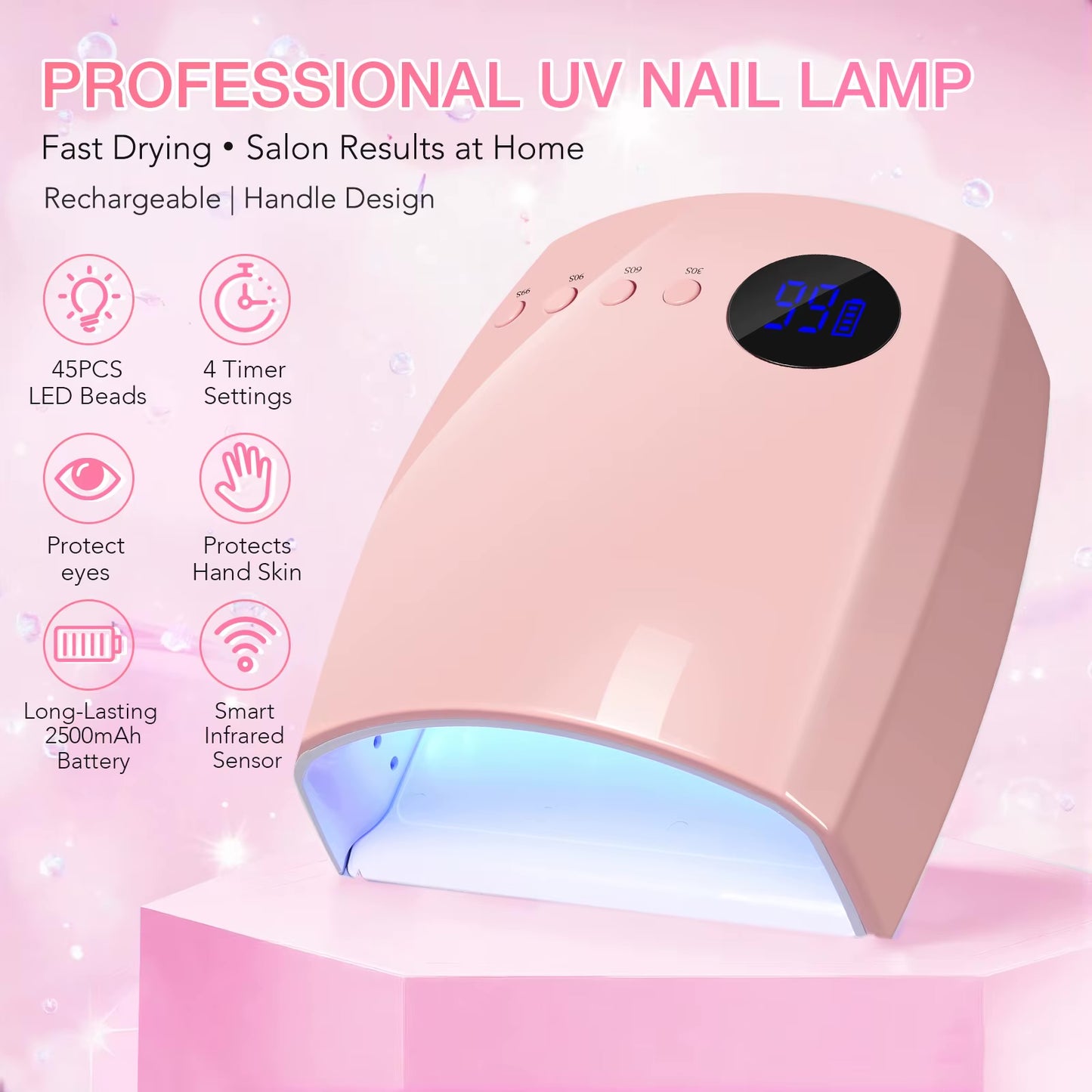 Lampe à ongles UV LED Sèche-ongles sans fil rechargeable avec 4 modes de minuterie Lampe de manucure professionnelle avec batterie 7500 mAh